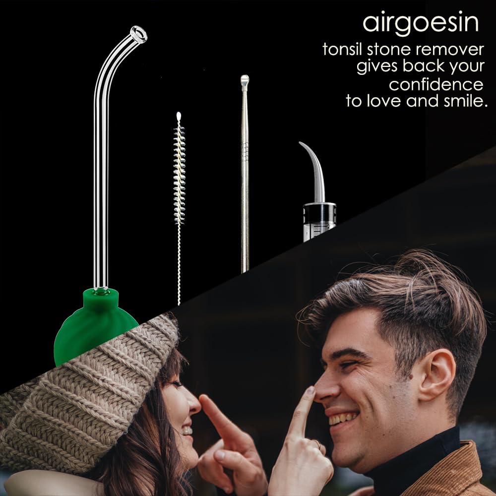 Airgoesin 3-In-1 Tonsil Stone Removal Remover Kit, Tonsil Stone Vacuum Suction Kit, Long Tonsil Stone Stainless Steel Pick 18cm/ 7” with Protection Cap, Curved Oral Irrigation Syringe 12ml with Scale