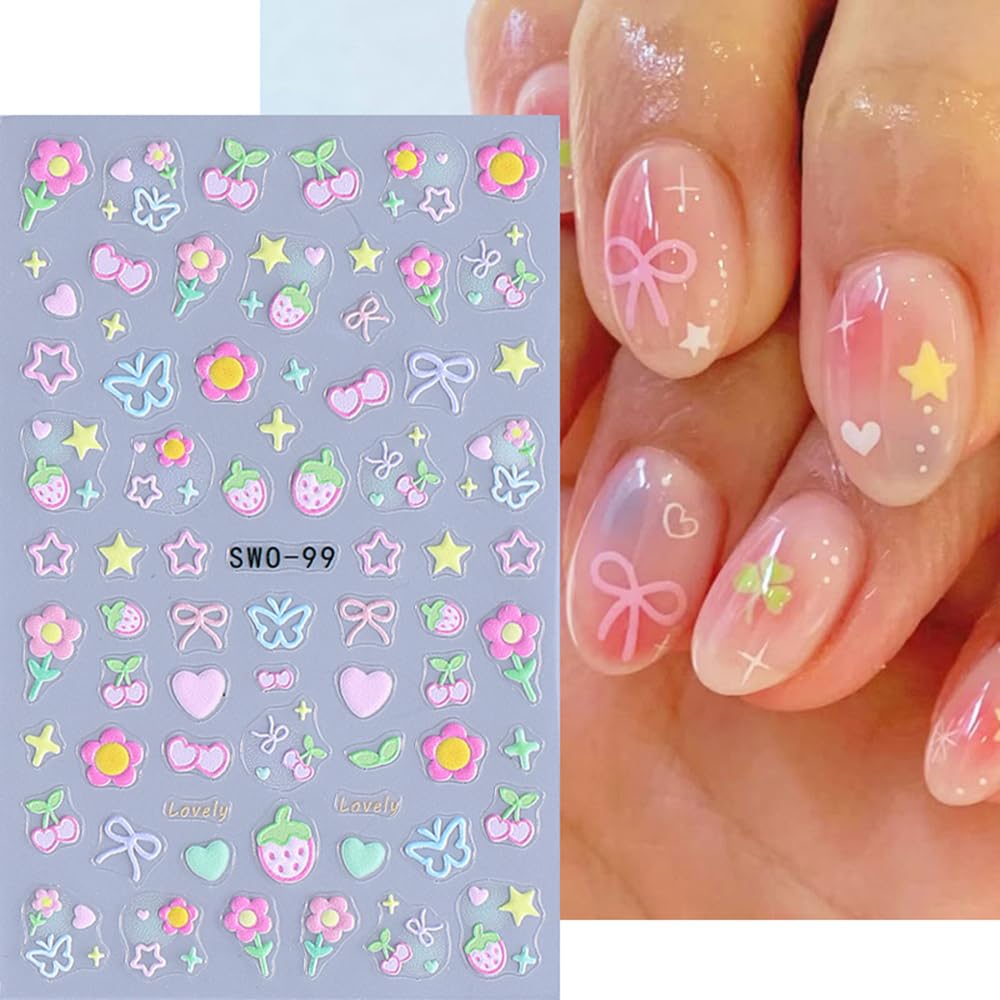 Bow Heart Star Nail Stickers for Nail Art Spring Butterfly Flower Nail Art Stickers Cute Summer Ice Cream Nail Decals 3D Colorful Strawberry Floral Self Adhesive Design Sticker for Women Girls 3PCS