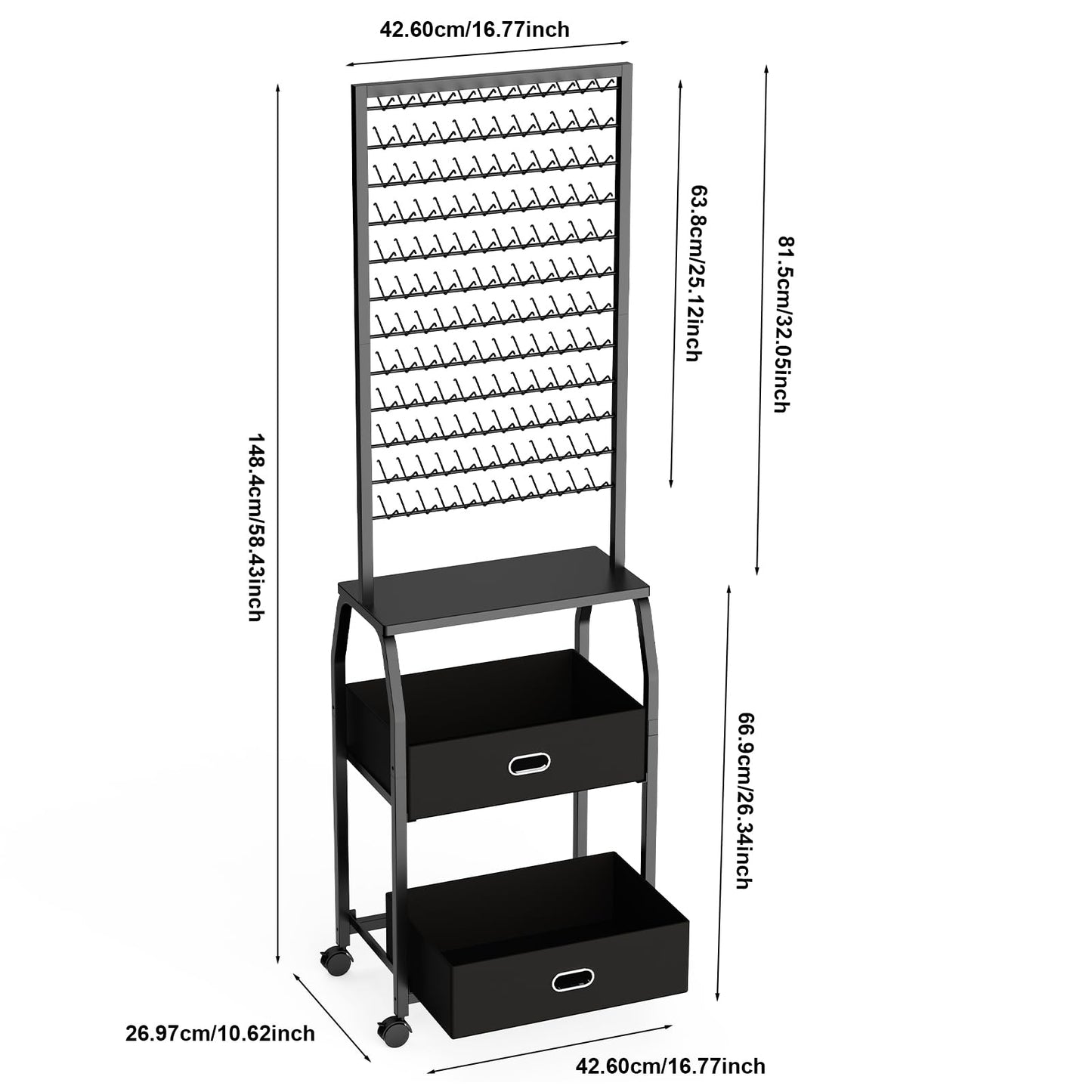 Portable Braiding Hair Rack with Wheels & Storage Drawers,2-Sided 288 Pegs,Hair Extension Holder Hanger for Braiding Hair Separator Stand Display,Hair Rack with Stylist Hair braiding Tools(Black)