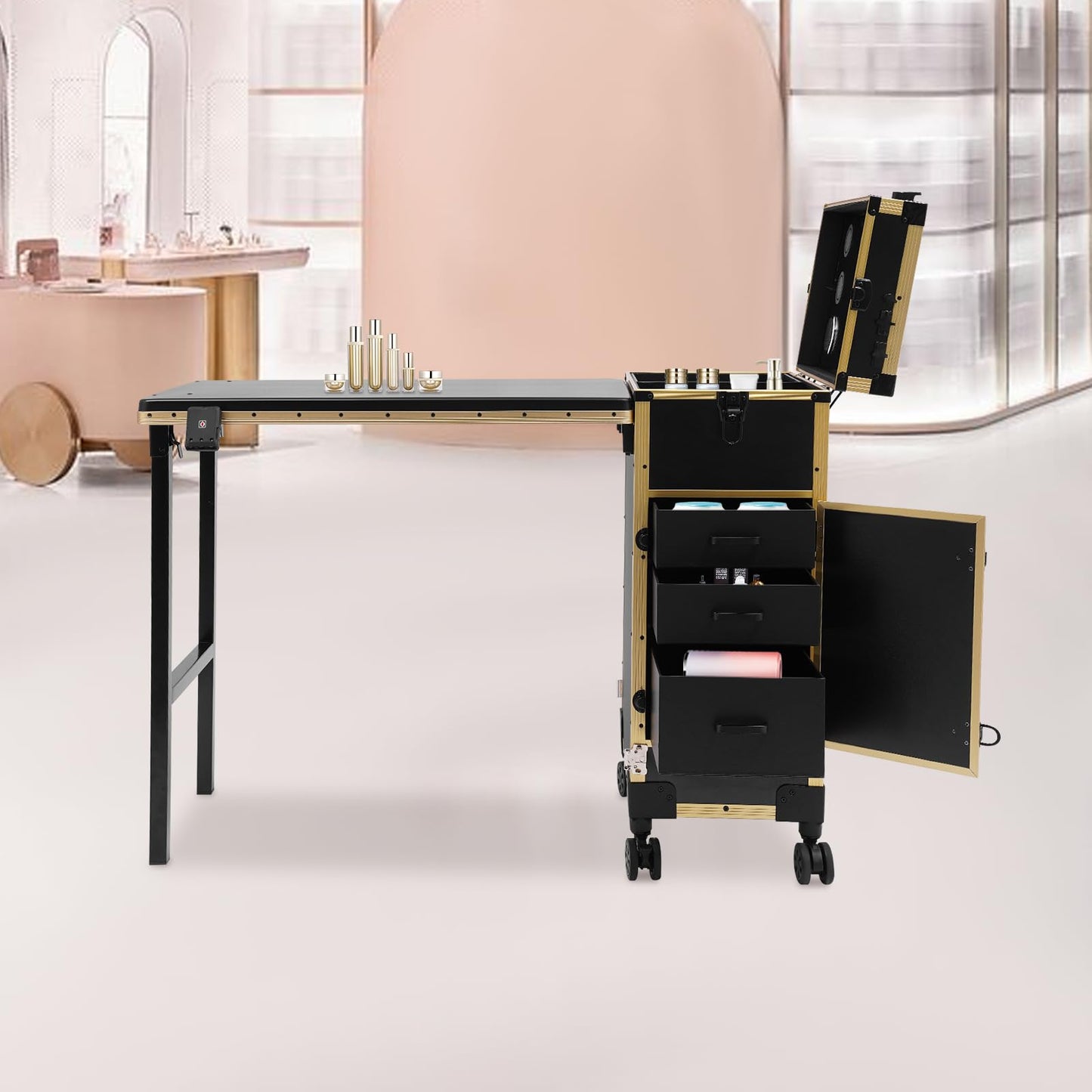 Foldable Rolling Manicure Table with Mirror and Lights, Portable Nail Desk with 3 Drawers, Bluetooth Speaker, Lock & Wheels, Travel Vanity Station for Makeup Artists & Beauty Lovers (Gold/Black)