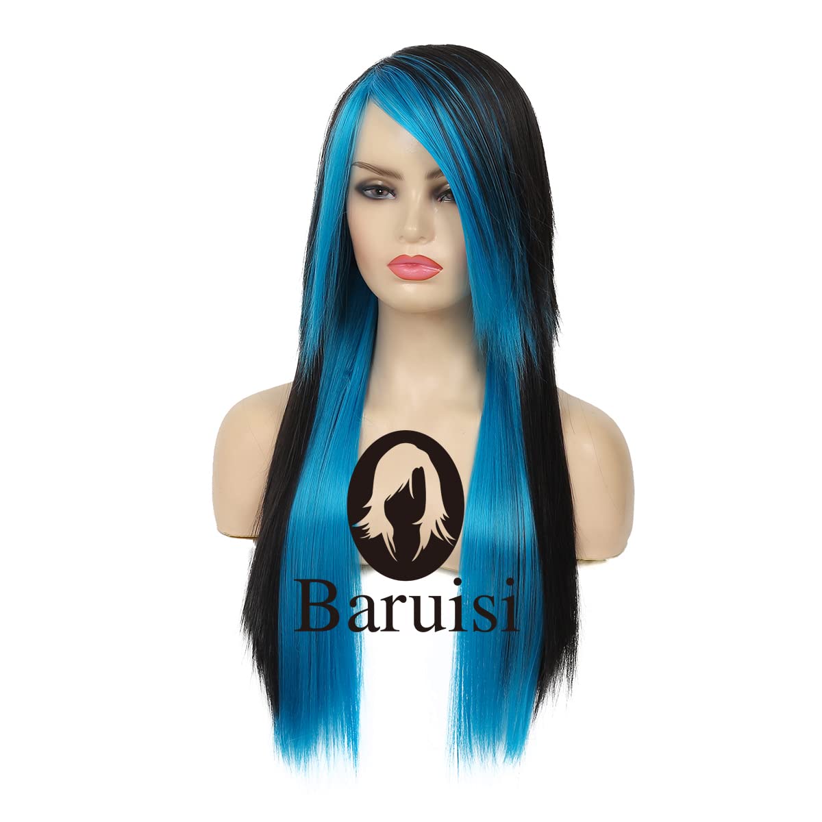 Silky Straight Long Red Black Wig with Side Bangs - Heat Resistant Synthetic Hair for Halloween