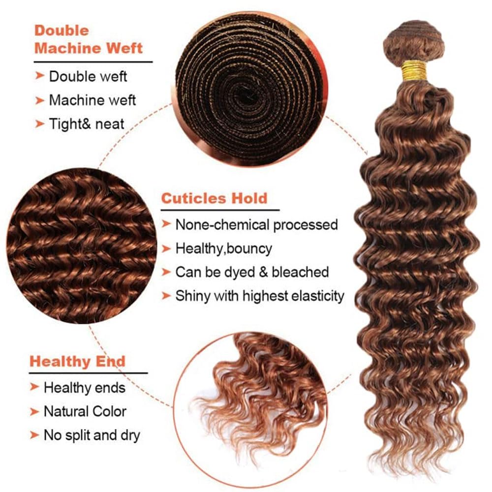 TARPION Light Brown Bundle Color #30 Loose Deep Wave Human Hair Bundles Peruvian Light Brown Deep Wave Bundles Human Hair 12 12 12 Inch Color #30 Bundle