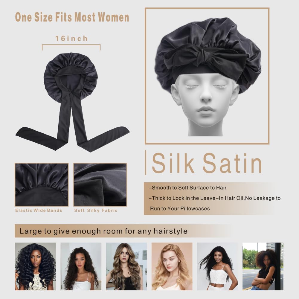 VECIIR Silk Bonnet for Sleeping Women, Ajustable Hair Bonnet for Curly Hair with Tie Band Shower Caps Black,Large