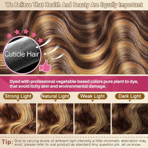 Seekomi Ombre 4/27 Body Wave Bundles Human Hair 14 16 18 20 Inch 12A 100% Virgin Highlight Colored Brown and Blonde 4 Bundles Double Weft Quick Weave for Women, 400g