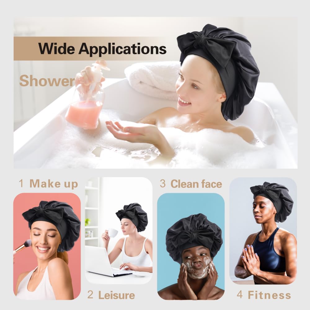 VECIIR Silk Bonnet for Sleeping Women, Ajustable Hair Bonnet for Curly Hair with Tie Band Shower Caps Black,Large