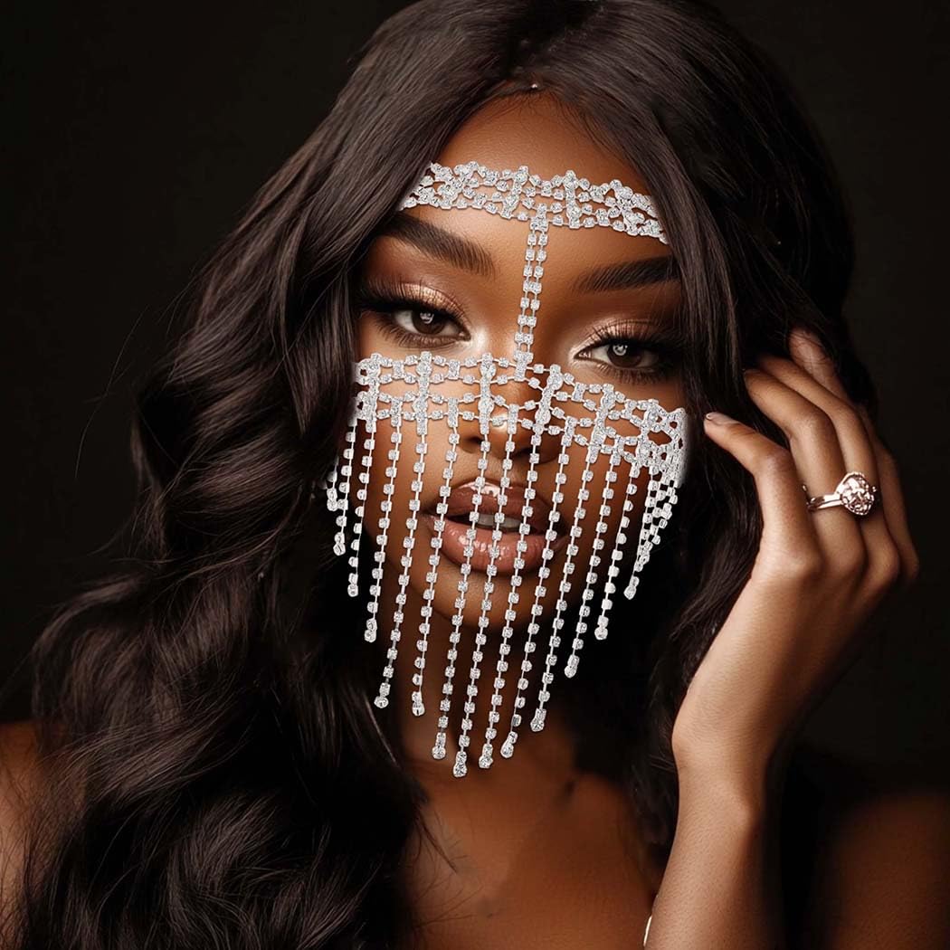 Fdesigner 1920s Rhinestone Masquerade Mask Costume Headpieces Flapper Face Cover Head Chain Jewelry for Women (Silver-Unique)