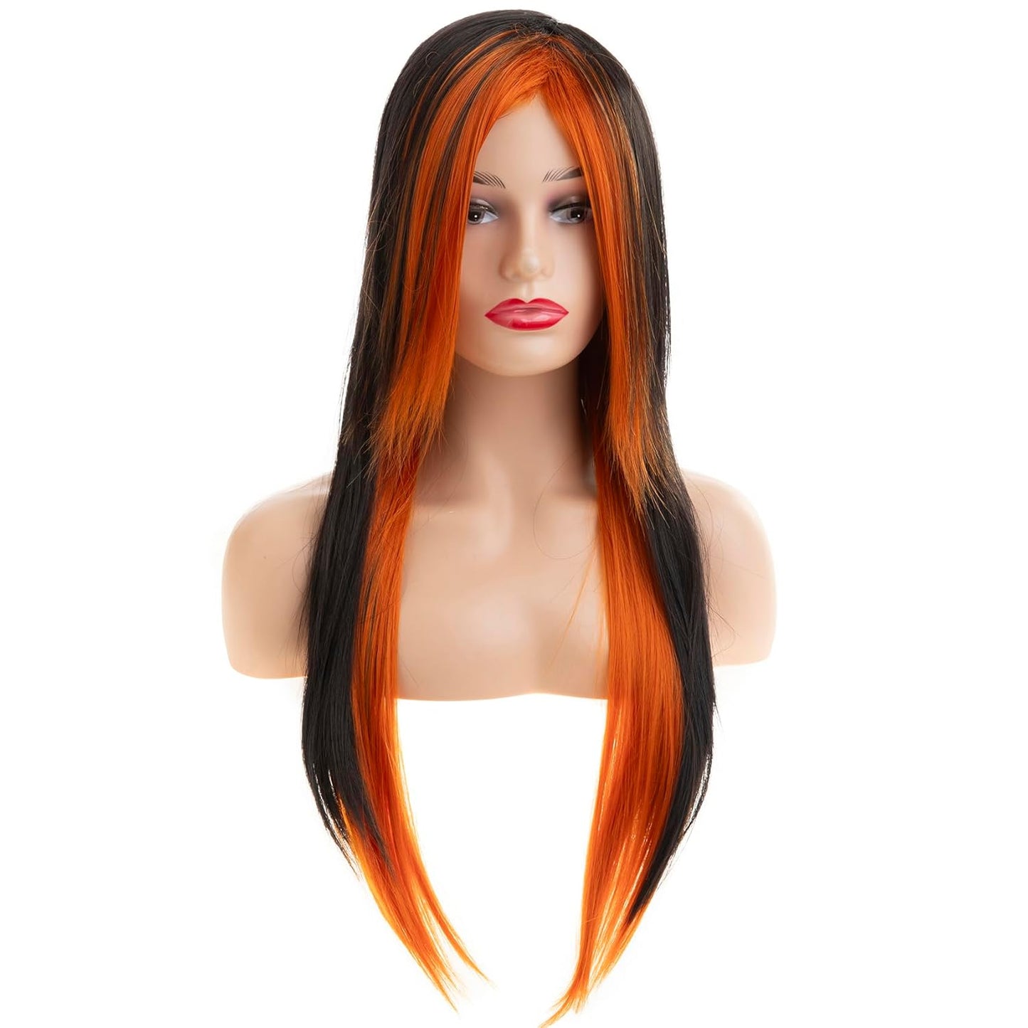 Silky Straight Long Red Black Wig with Side Bangs - Heat Resistant Synthetic Hair for Halloween