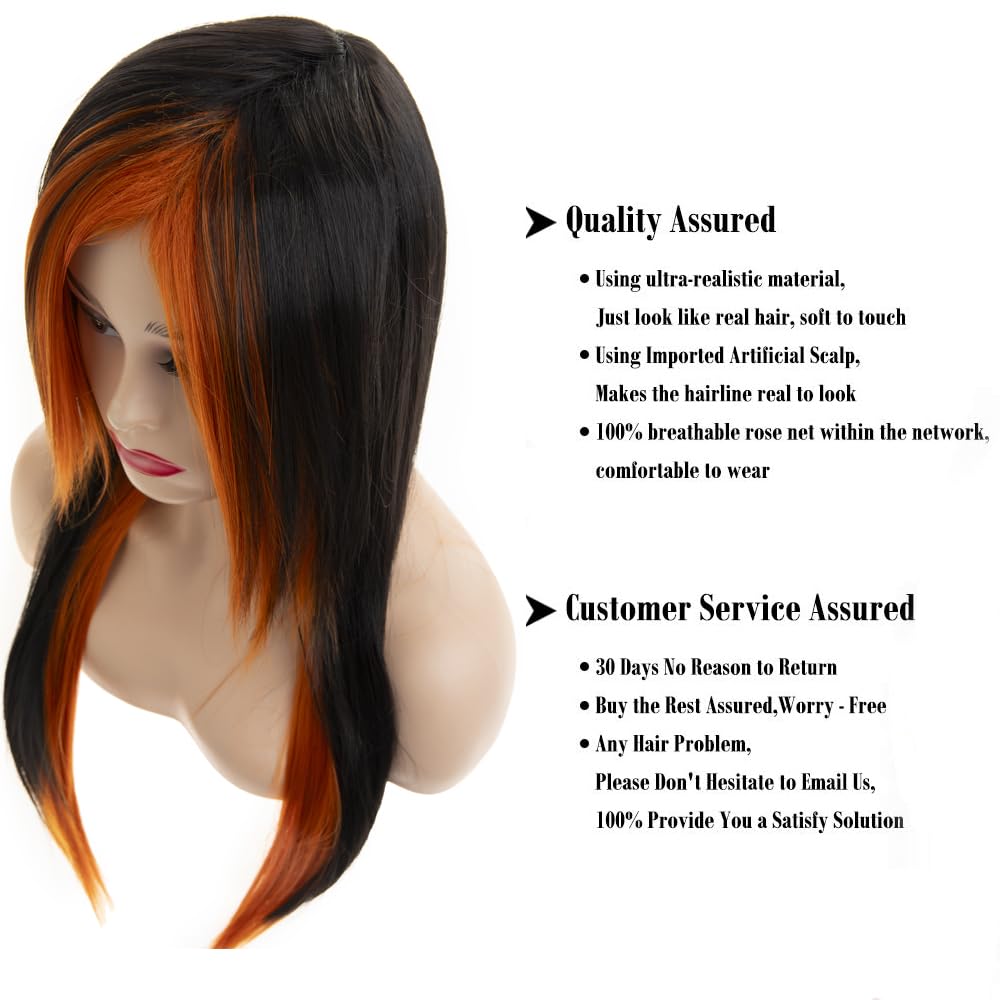 Silky Straight Long Red Black Wig with Side Bangs - Heat Resistant Synthetic Hair for Halloween