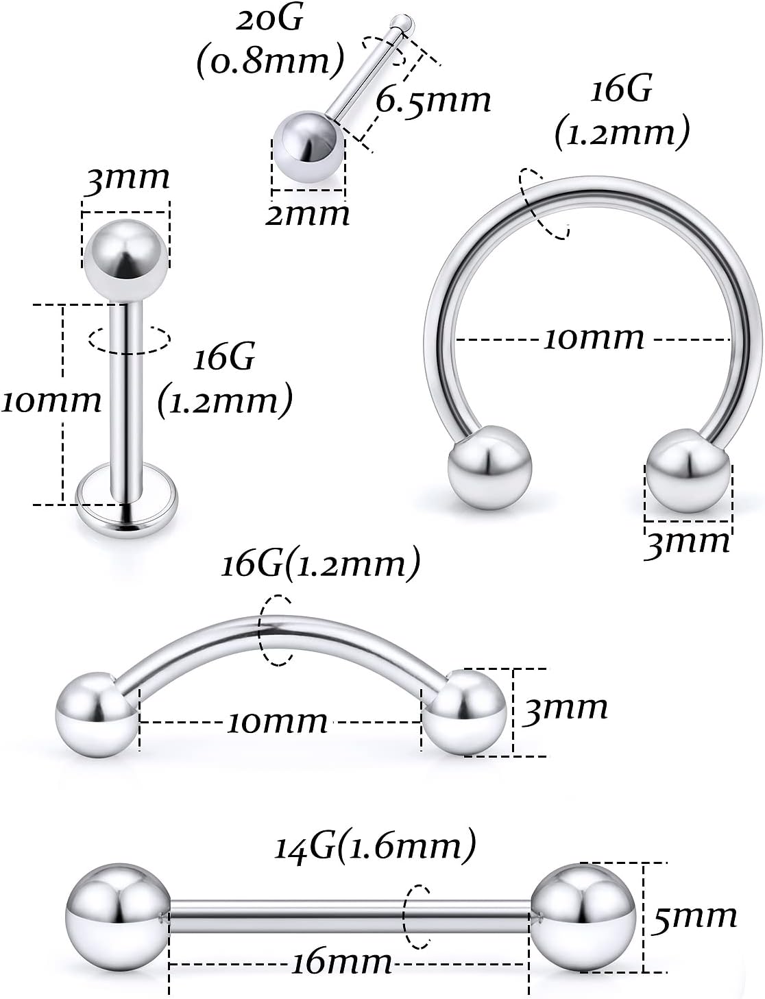 316L Surgical Steel Body Piercing Tools Kit - 9 Styles for Nose, Septum, Lip, Tongue & More