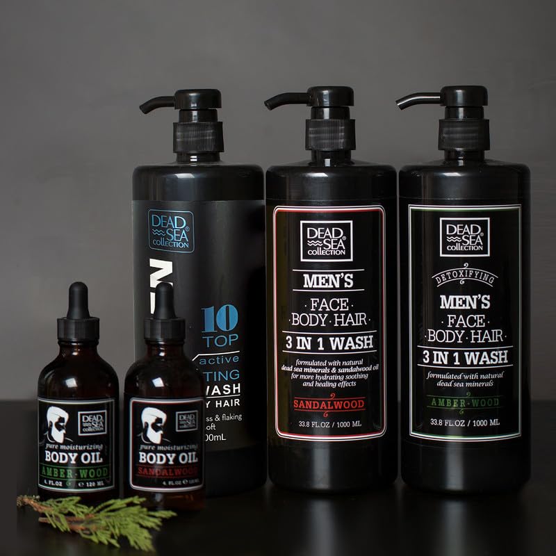 Dead Sea Collection Mens Body Wash 3 in 1 – Sandalwood Body Wash for Men – Shower Gel – Shampoo – Shower Soap for Face and Hair (33.8 Fl. Oz)