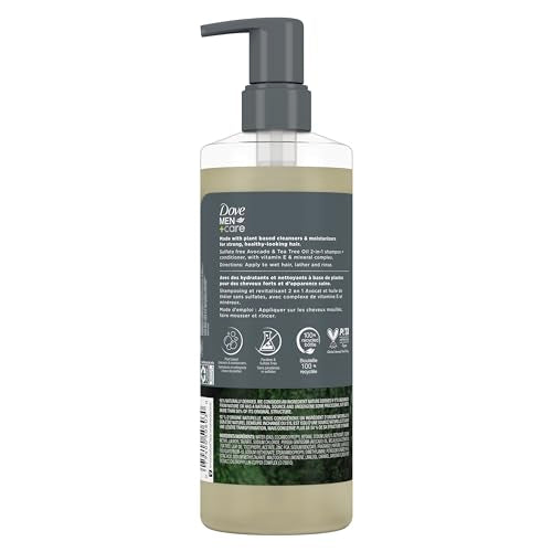 Dove Men+Care 2-in-1 Shampoo + Conditioner Avocado & Tea Tree Oil for Strengthening Hair, with Vitamin E & Mineral Complex, 17.5 oz