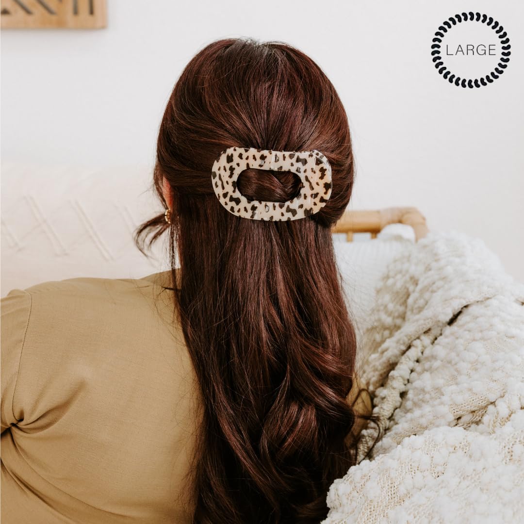 TELETIES - Large Flat Round Clip - Strong Grip, Bendable Teeth, Comfortable Curved Design - For Lying Down, Yoga, Driving & More - Ideal for Thick Hair - For All Hair Textures - Blonde Tortoise