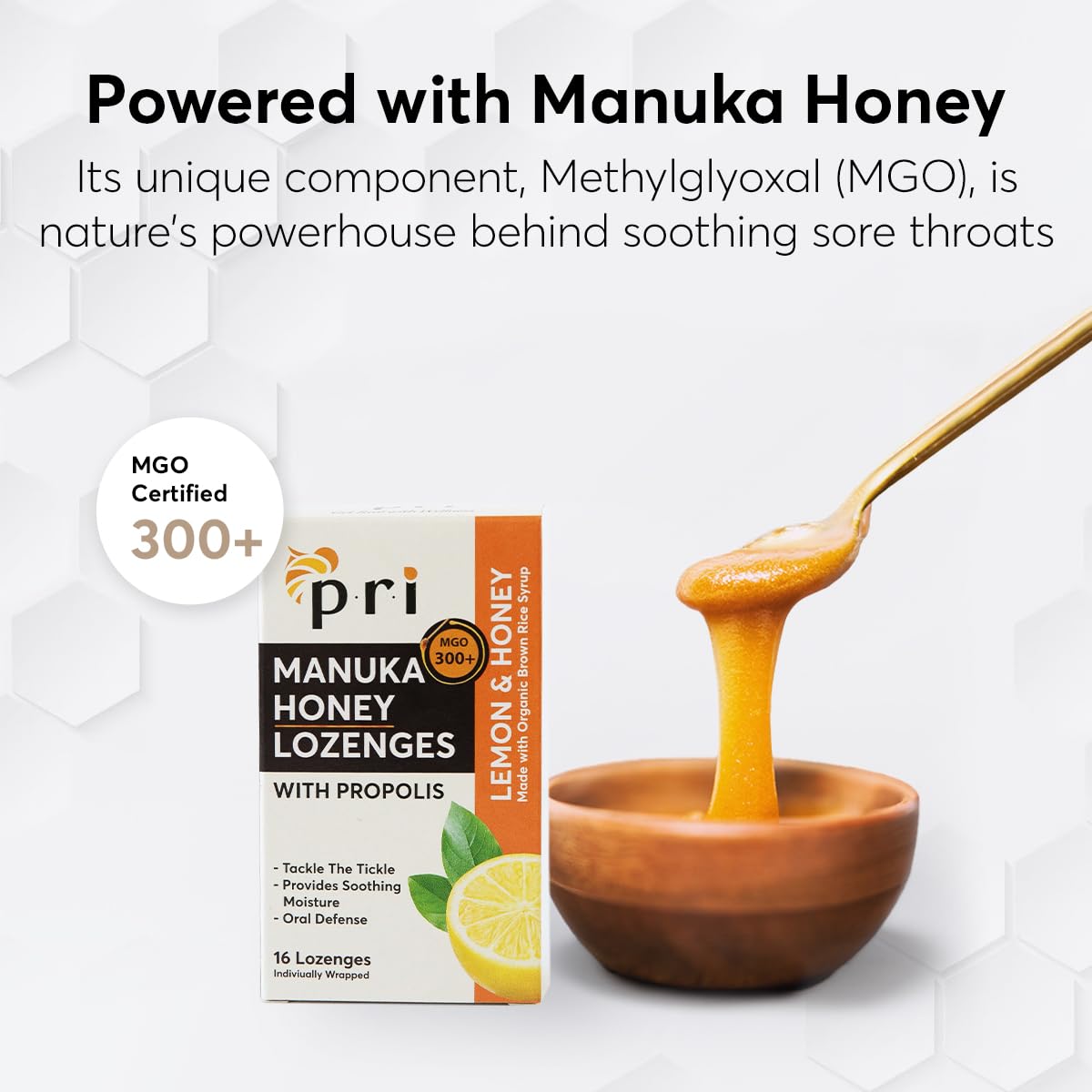 P.R.I Manuka Honey Lozenges with Propolis, Soothing Cough and Throat Drops, MGO 300+ Certified, (Lemon, 16 Count/2 Pack)