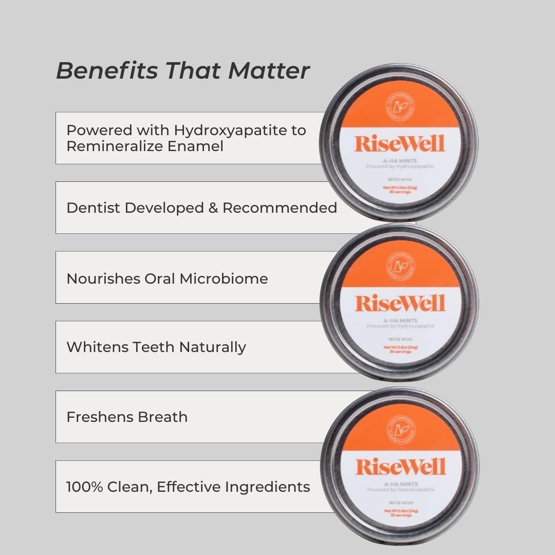 RiseWell a-HA Mint - Xylitol Mints for Dry Mouth - Hydroxyapatite Sugar Free Breath Mints - Promotes Remineralization and Freshens Breath, On-The-Go Oral Mint, 30 Count