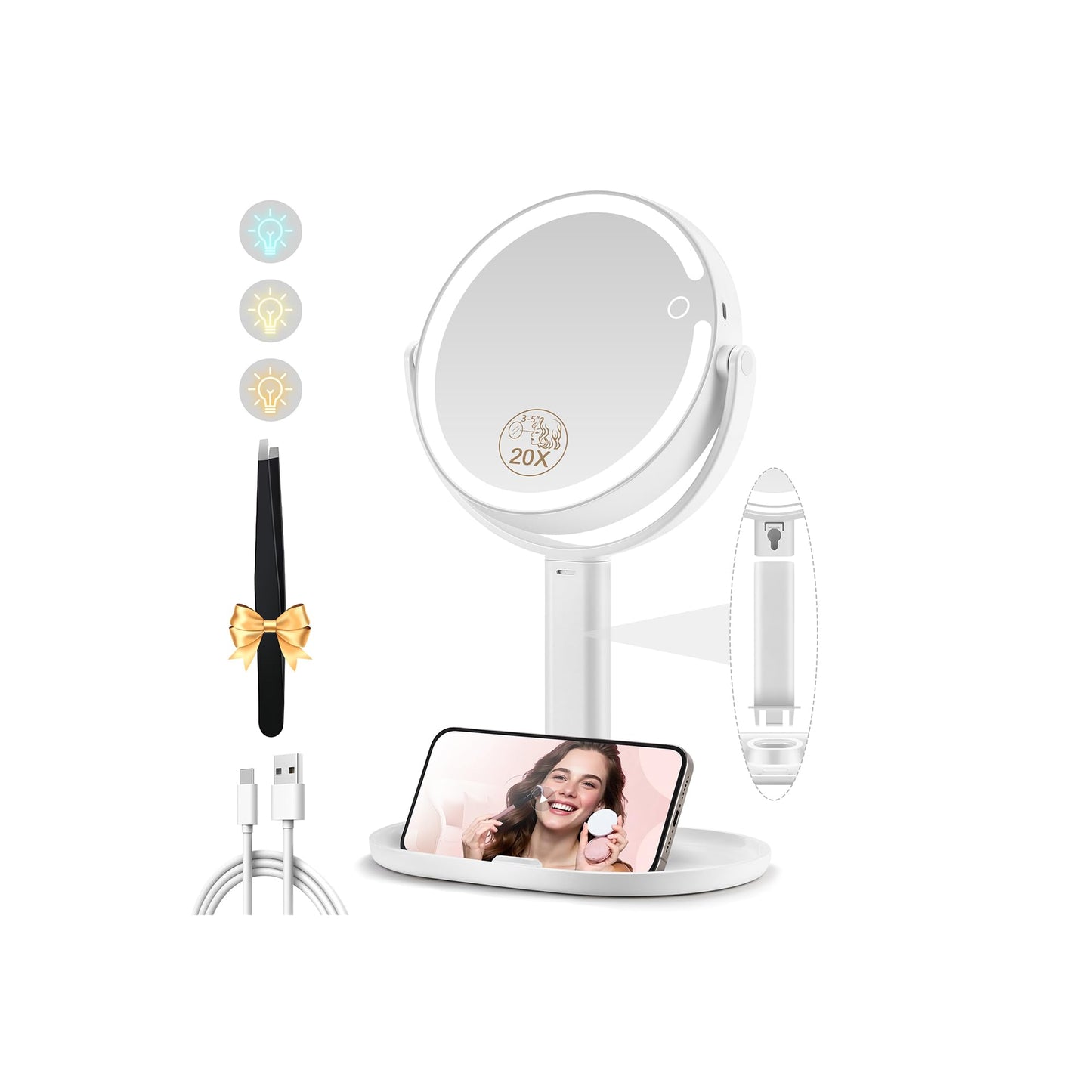 MOMOKUBA Makeup Mirror with Lights, Double Sided 1x/20x Magnifying Mirror with Light, Rechargeable 3 Color Lights and Adjustable Brightness, 360° Rotation Detachable Comes with Tweezer(White)