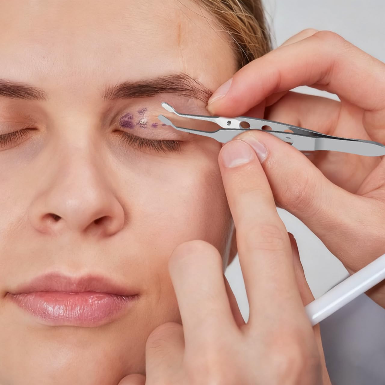 TEHAUX Meibomian Gland Expressor, Stainless Steel Eyelid Massage Tweezer with Positioning Pin, Prevent Excessive Force, Rectangle Tip Eyelid Expressor for Dry Eyes (Silver)