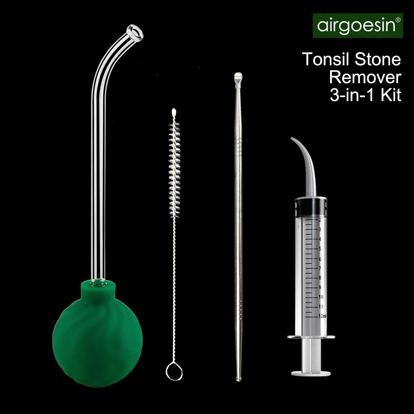 Airgoesin 3-In-1 Tonsil Stone Removal Remover Kit, Tonsil Stone Vacuum Suction Kit, Long Tonsil Stone Stainless Steel Pick 18cm/ 7” with Protection Cap, Curved Oral Irrigation Syringe 12ml with Scale