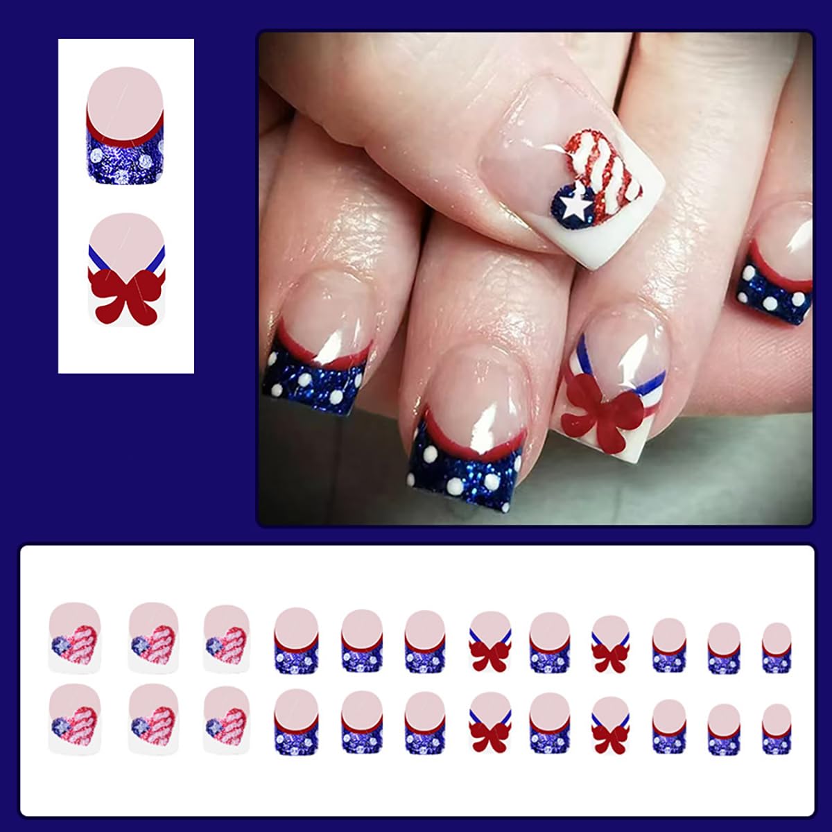 Independence Day Press on Nails Short Square French Tip Fake Nails with Dot Heart Bow Design 4th of July Acrylic Nails Full Cover Glossy False Nails for Women Manicure Decoration, 24PCS