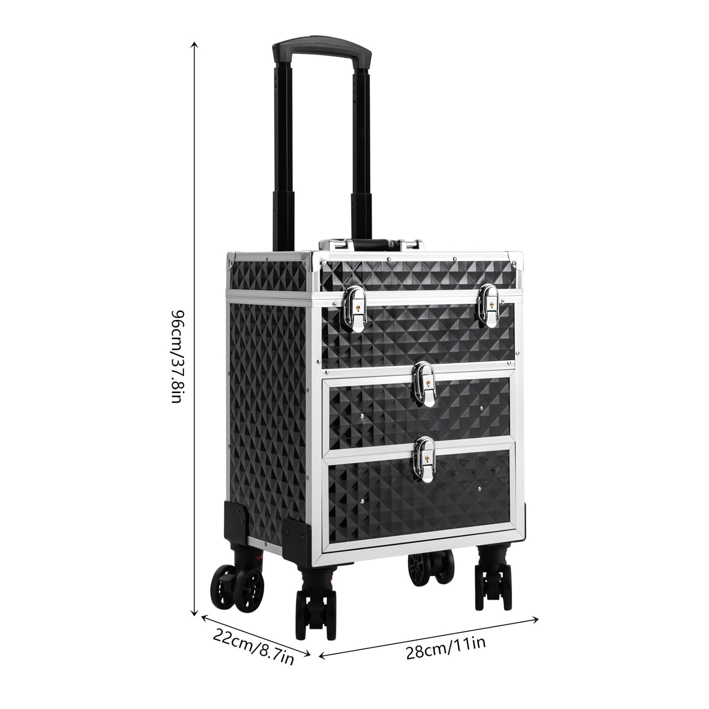 Professional Rolling Makeup Case, Cosmetic Organizer with Sliding Drawers, Makeup Case with 360° Rotatable Wheels