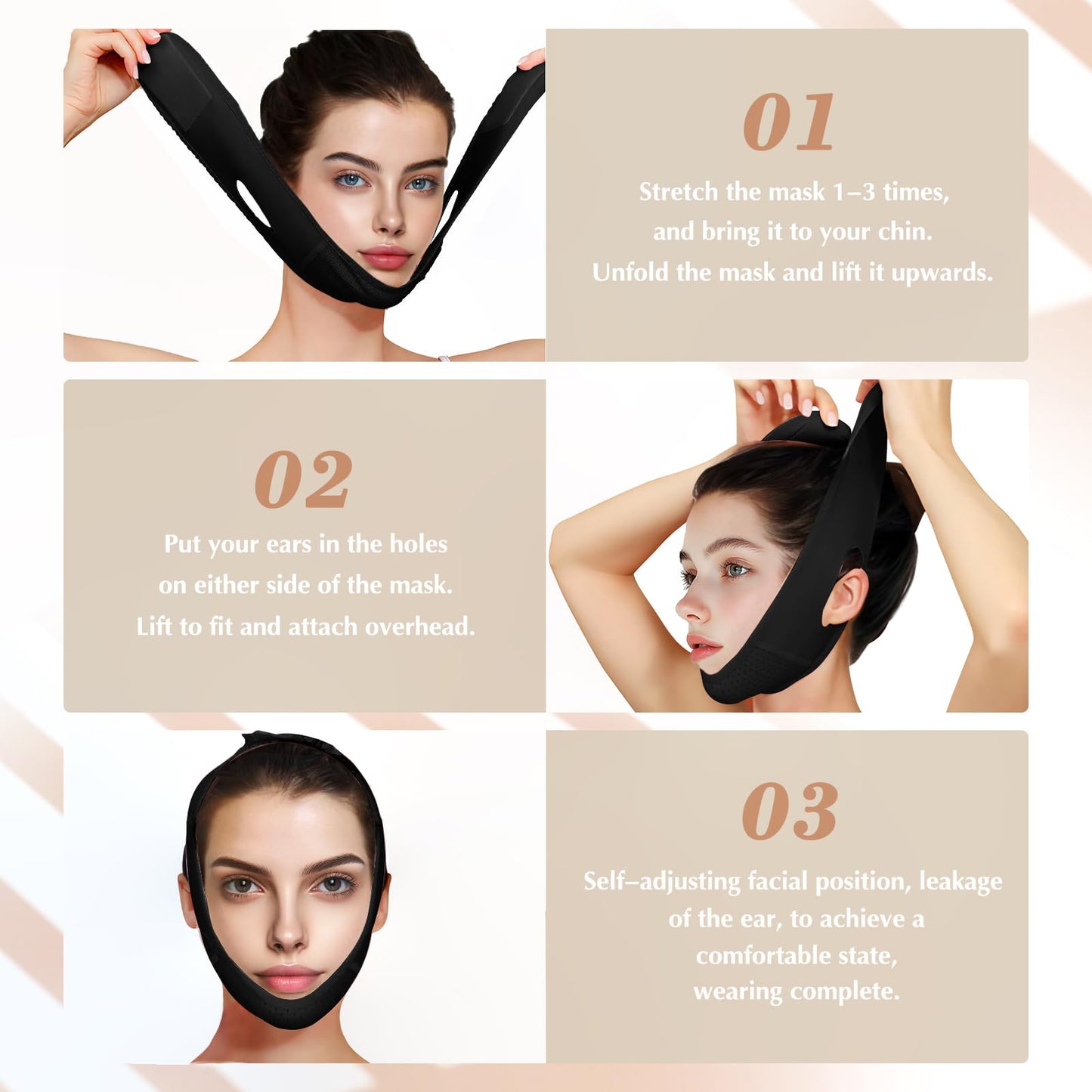 Beiskll Reusable V Line Lifting Mask with Chin Strap, V Shaped Face Mask for Sagging, Jaw Exerciser (Black)