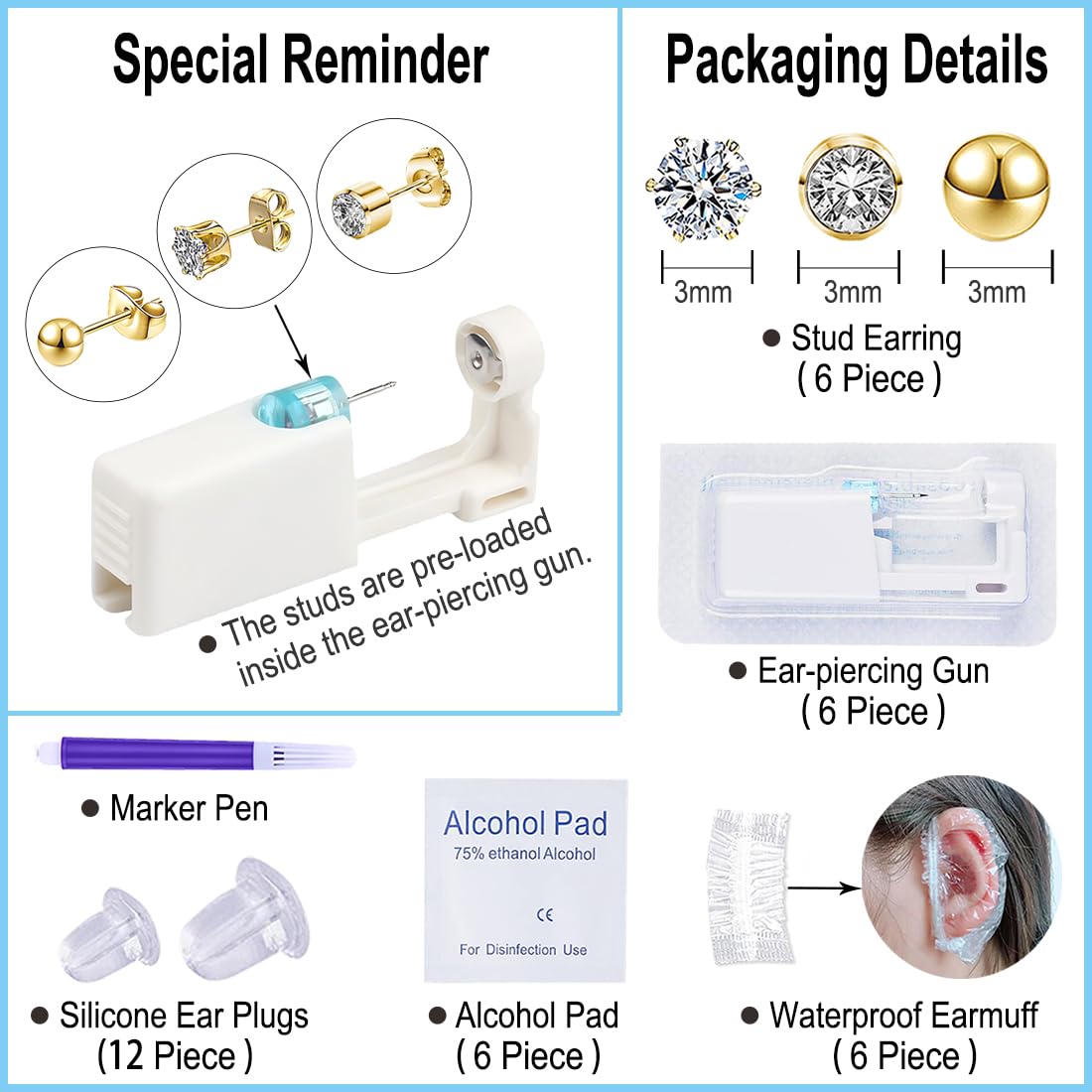 VitaCool 37 Pcs Ear Piercing Kit Disposable Ear Piercing Gun Kit with Sterile Multi-Sized CZ Earring Studs Easy and Safe Earring Self for Your Own Use at Home (3Mix-3mm-Gold-)
