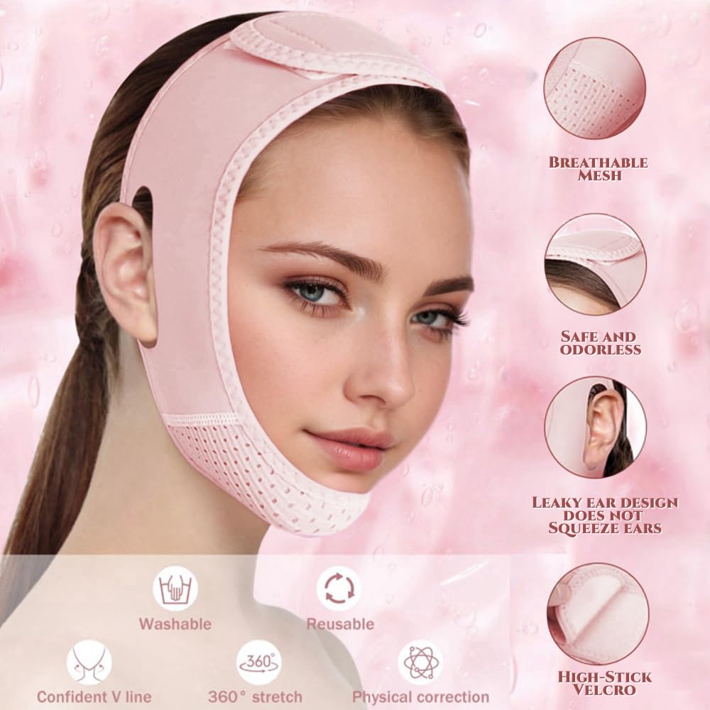 ROWMATE V Line Lifting Mask Chin strap for sleeping, V Line Lifting Mask for Women,Jaw Exerciser,Medium,Light Pink