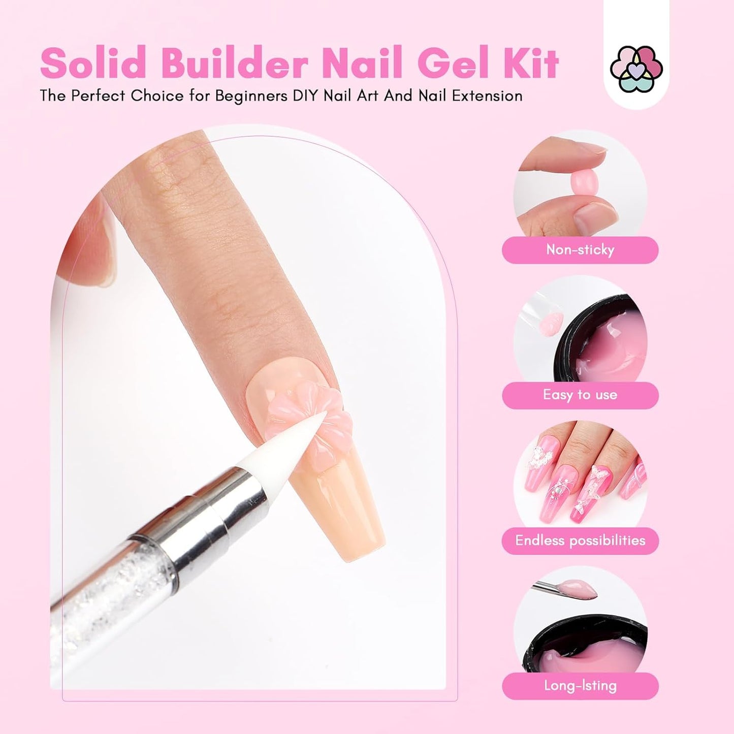 Builder Nail Gel Kit - 4 Colors (Clear, Nude, White, Pink) for Nail Extensions & 3D Sculpting - Long-Lasting Non-Sticky Hard Gel with Chrome Powder