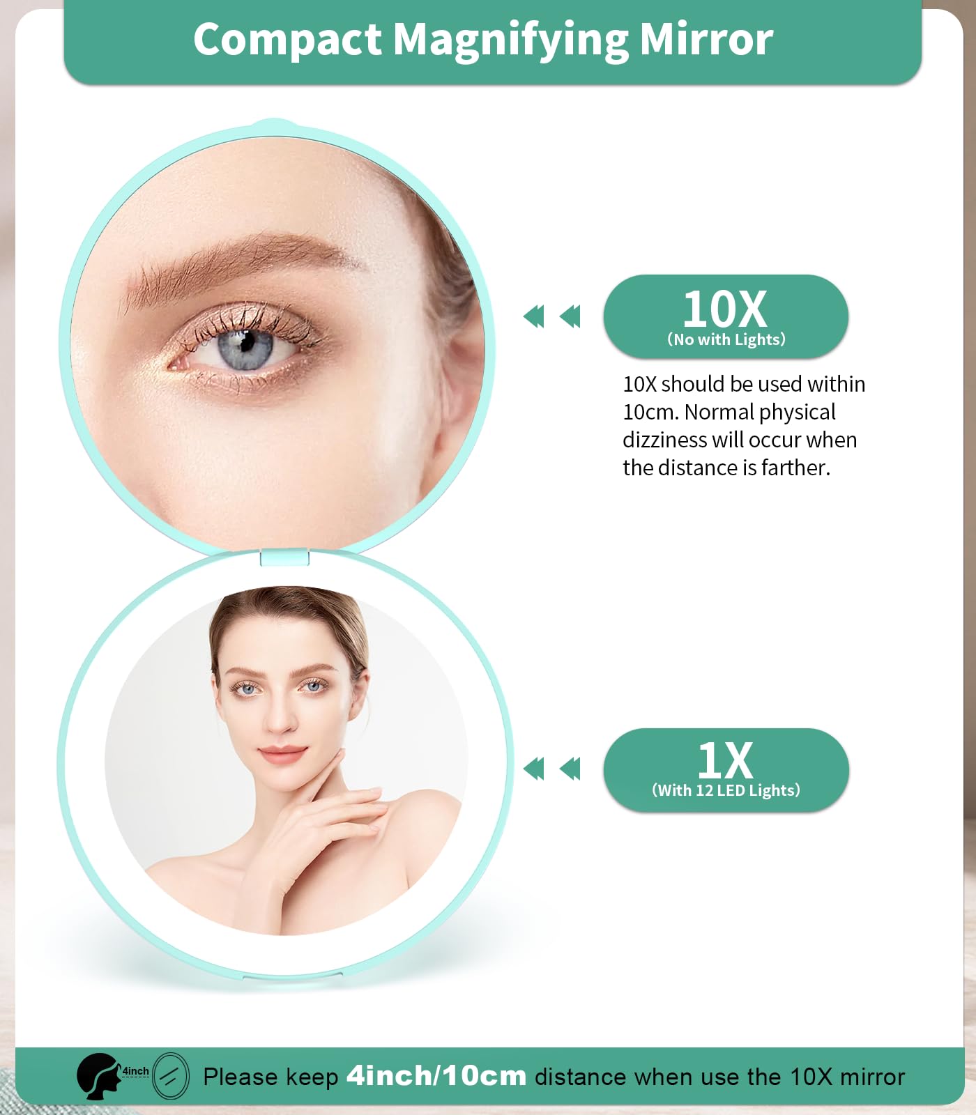 wobsion LED Lighted Travel Makeup Mirror, 1x/10x Magnification, Compact, Portable for Handbag, Purse, Pocket, 3.5 inch Illuminated, Folding, Handheld, 2-Sided, Round, Cyan