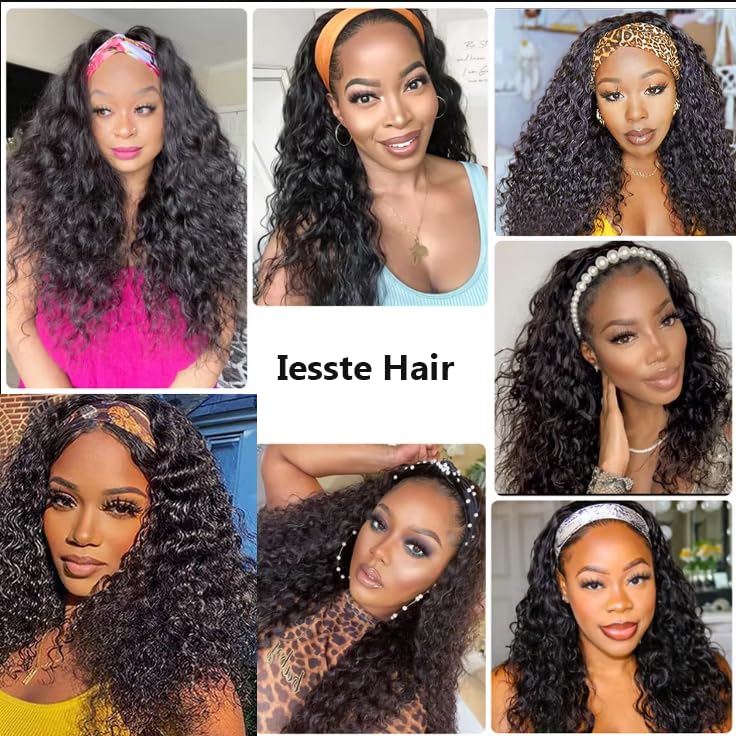 Headband Wig Human Hair Deep Wave 20 Inch Glueless None Lace Front Deep Curly Wig Brazilian Virgin Hair Wear and Go Wigs for Black Women 180% Density Machine Made Headband Half Wigs Natural Color