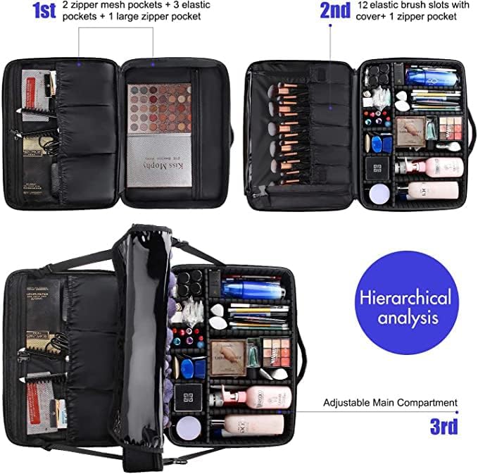 Relavel Portable Travel Makeup Case Organizer with Adjustable Dividers - Black Cosmetic Storage for Brushes, Toiletries & Jewelry