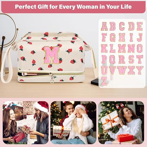 Personalized Initial Makeup Bag,Strawberry Quilted Makeup bag Christmas Gifts for Girls,Double Layer Travel cosmetic Bag with Make up Brush Organizer,Cute Travel Toiletry Pouch-I