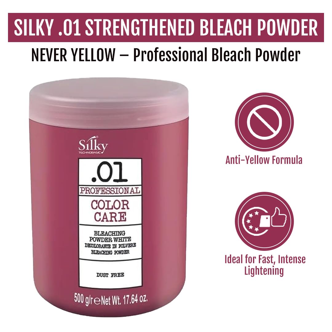 Silky Technobasic .01 Hair Bleach with Anti-Yellow Action - Bleach for Dark Hair with Fast Lightening & Up to 9 Lifting Tones - White Bleaching Powder Ideal for All Hair Types - 17.64 0z