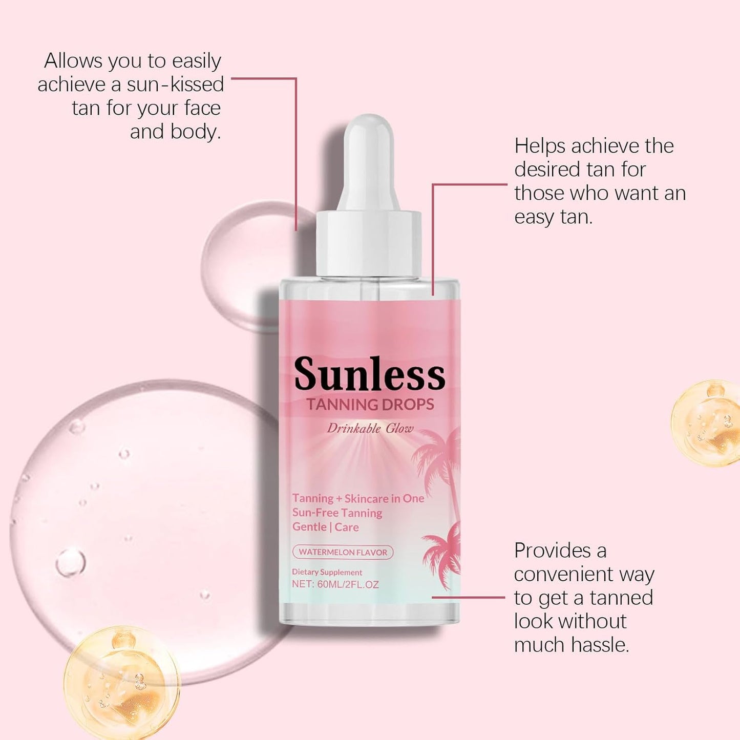 Drinkable Tanning Drops - Moisturizing Bronzing Tanner for Face & Body, 60mL