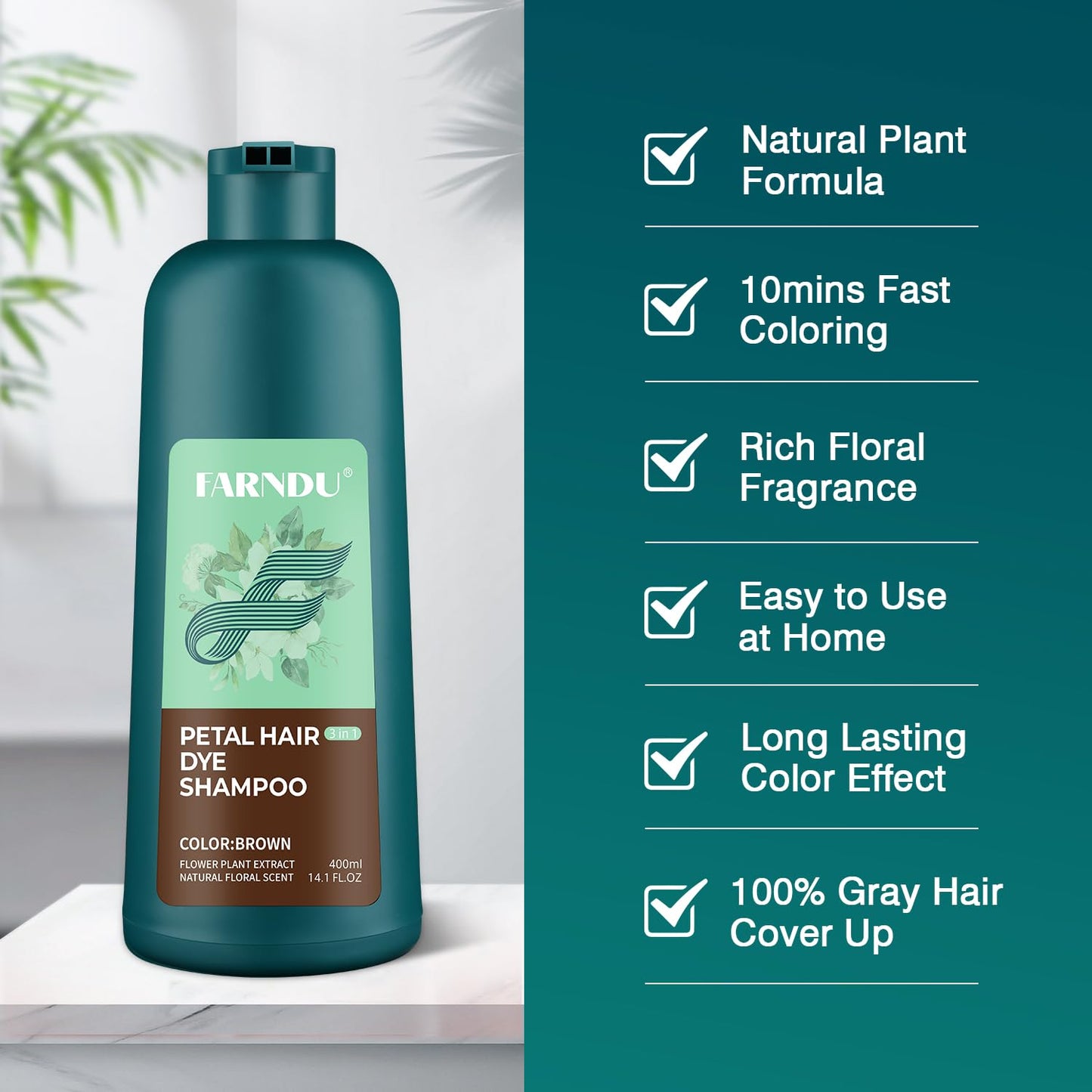 Farndu Hair Dye Shampoo for Women Men, Brown Hair Color Shampoo for Gray Hair Coverage 3 In 1 Champu Para Canas Mujer