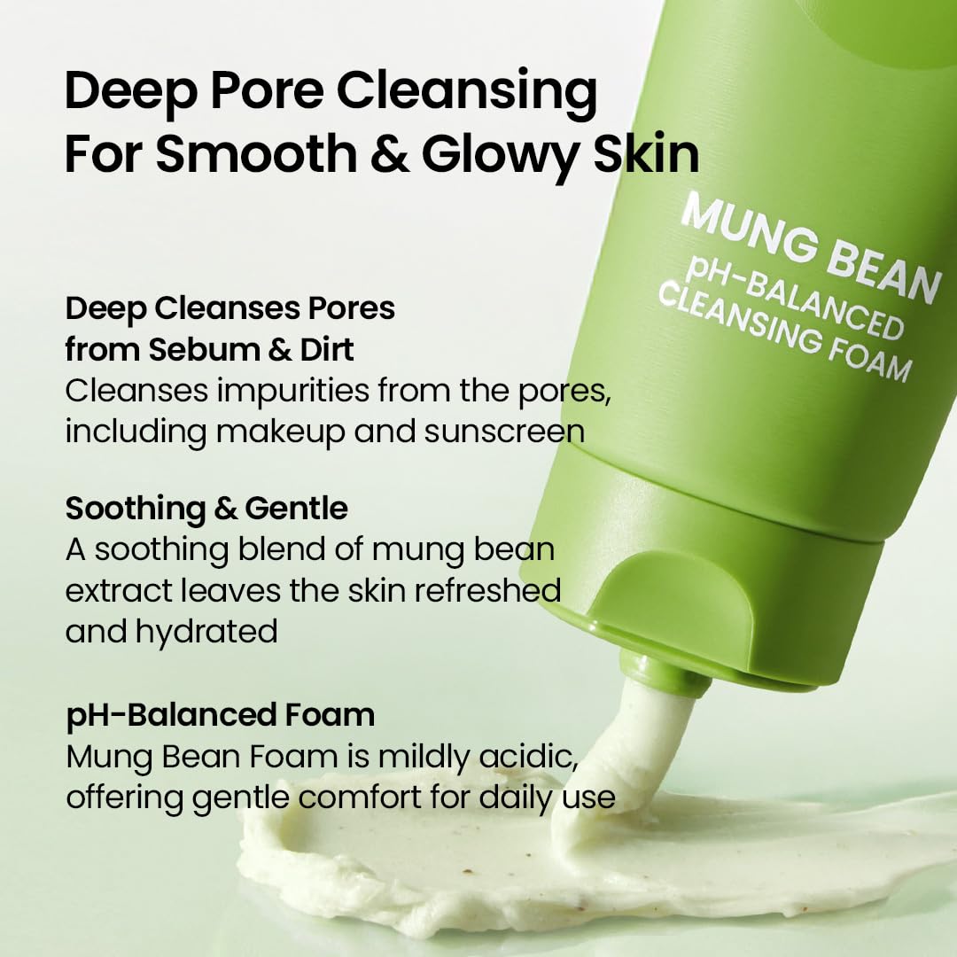 beplain Mung Bean pH-Balanced Cleansing Foam (5.4fl.oz/160ml) | Fragrance-Free | Non-Comedogenic Tested | Deep Pore Facial Cleanser | Suitable for Sensitive Skin | Face Mask Cleanser | Korean Skincare