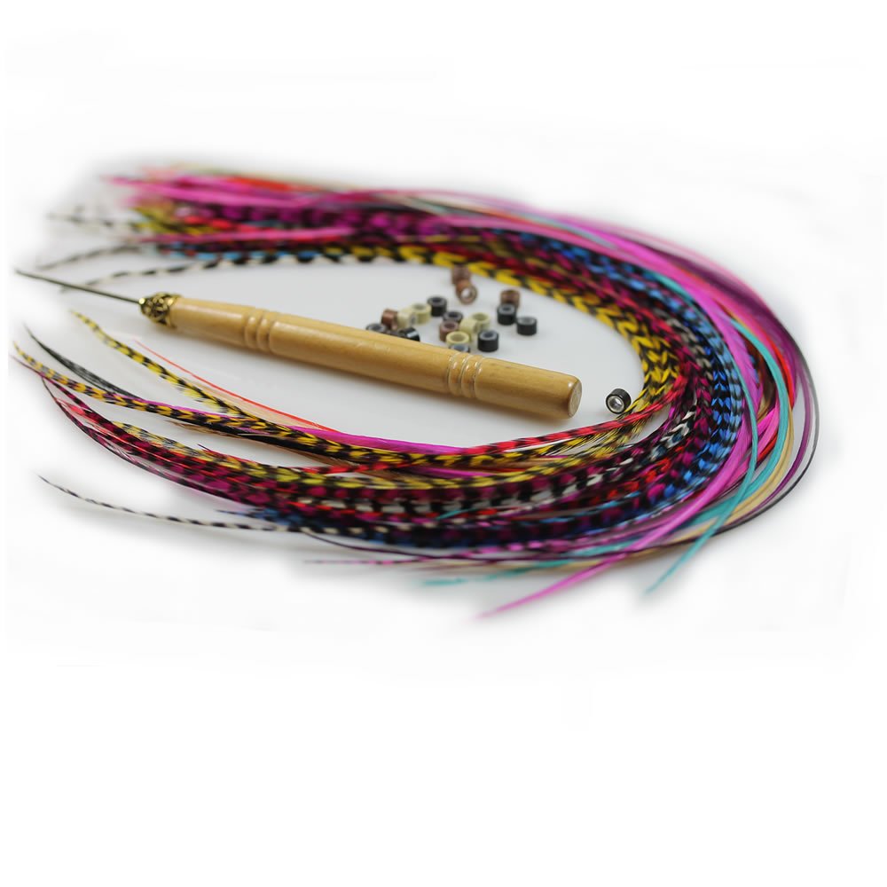 Feather Hair Extension – 100% Real Rooster Grizzly and Solid Feathers, Rainbow Colors Individual Feathers, Ranging From 8 to 11 Inches in Length, Total of 20 Feathers, Includes Beads and Loop Tool Kit