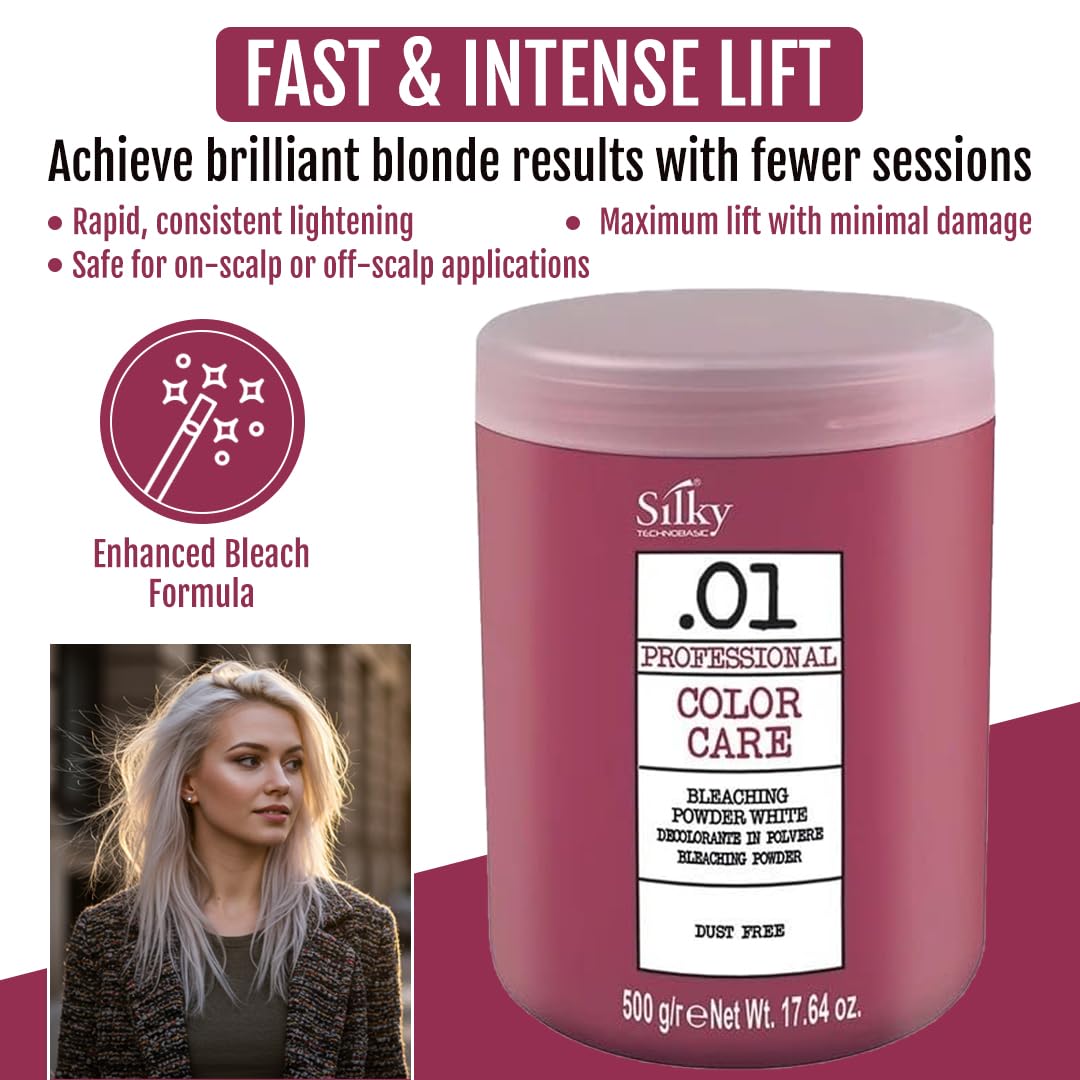 Silky Technobasic .01 Hair Bleach with Anti-Yellow Action - Bleach for Dark Hair with Fast Lightening & Up to 9 Lifting Tones - White Bleaching Powder Ideal for All Hair Types - 17.64 0z