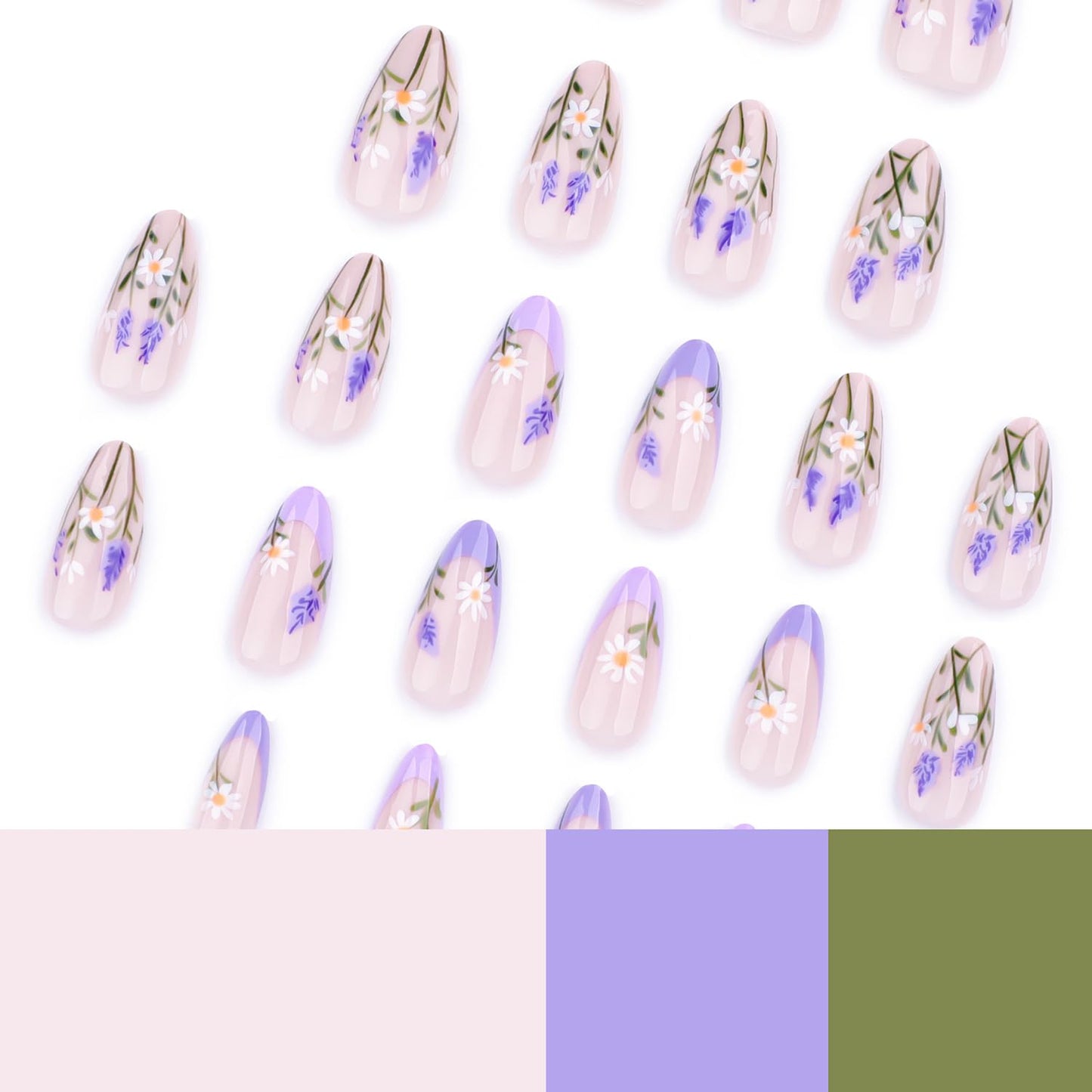 Summer Press on Nails Short Almond Fake Nails with Glue Purple Flowers Design Acrylic Nails Full Cover French Tip Press on Nails Almond Glue on Nails Short Summer Nails Stick on Nails for Women 24PCS