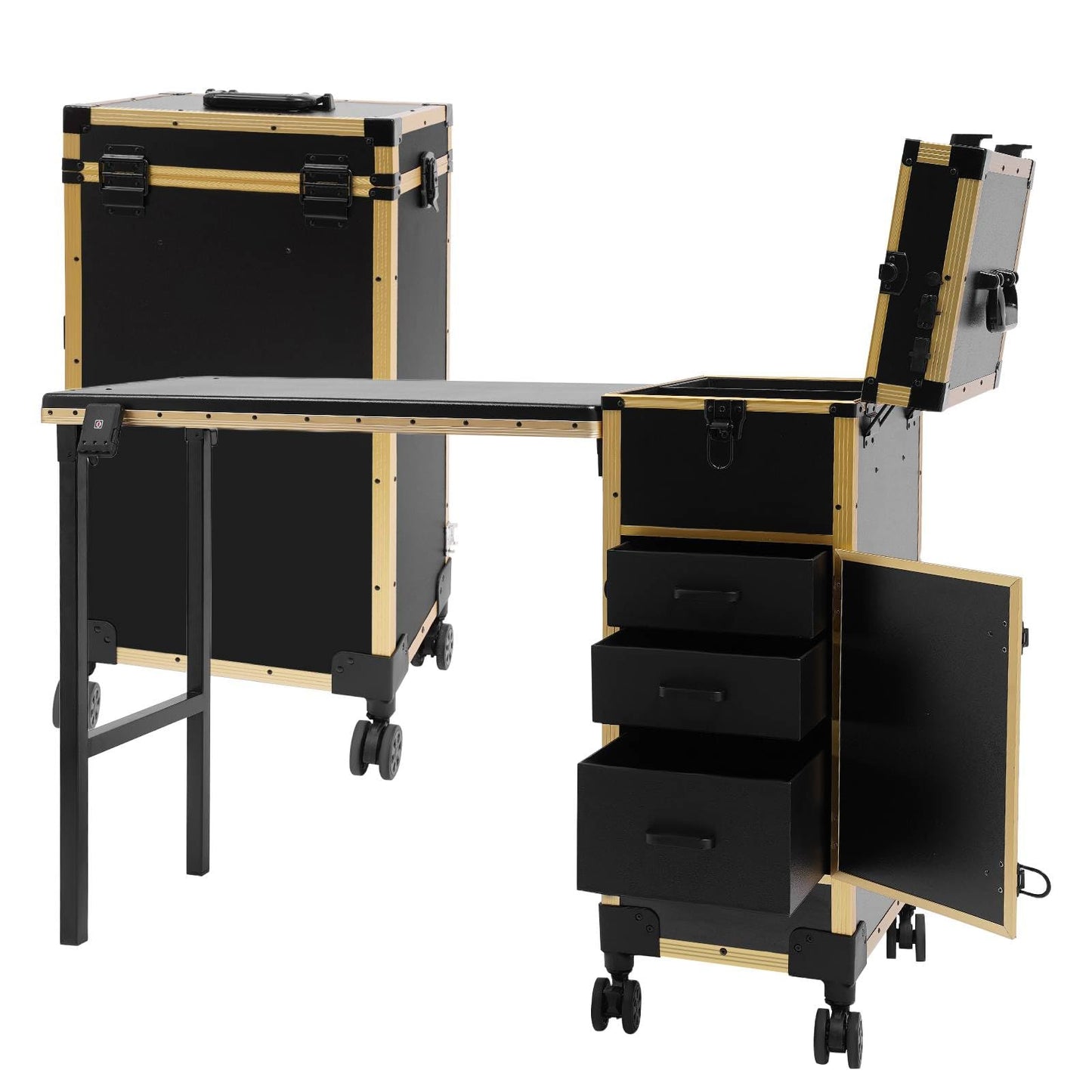 Foldable Rolling Manicure Table with Mirror and Lights, Portable Nail Desk with 3 Drawers, Bluetooth Speaker, Lock & Wheels, Travel Vanity Station for Makeup Artists & Beauty Lovers (Gold/Black)