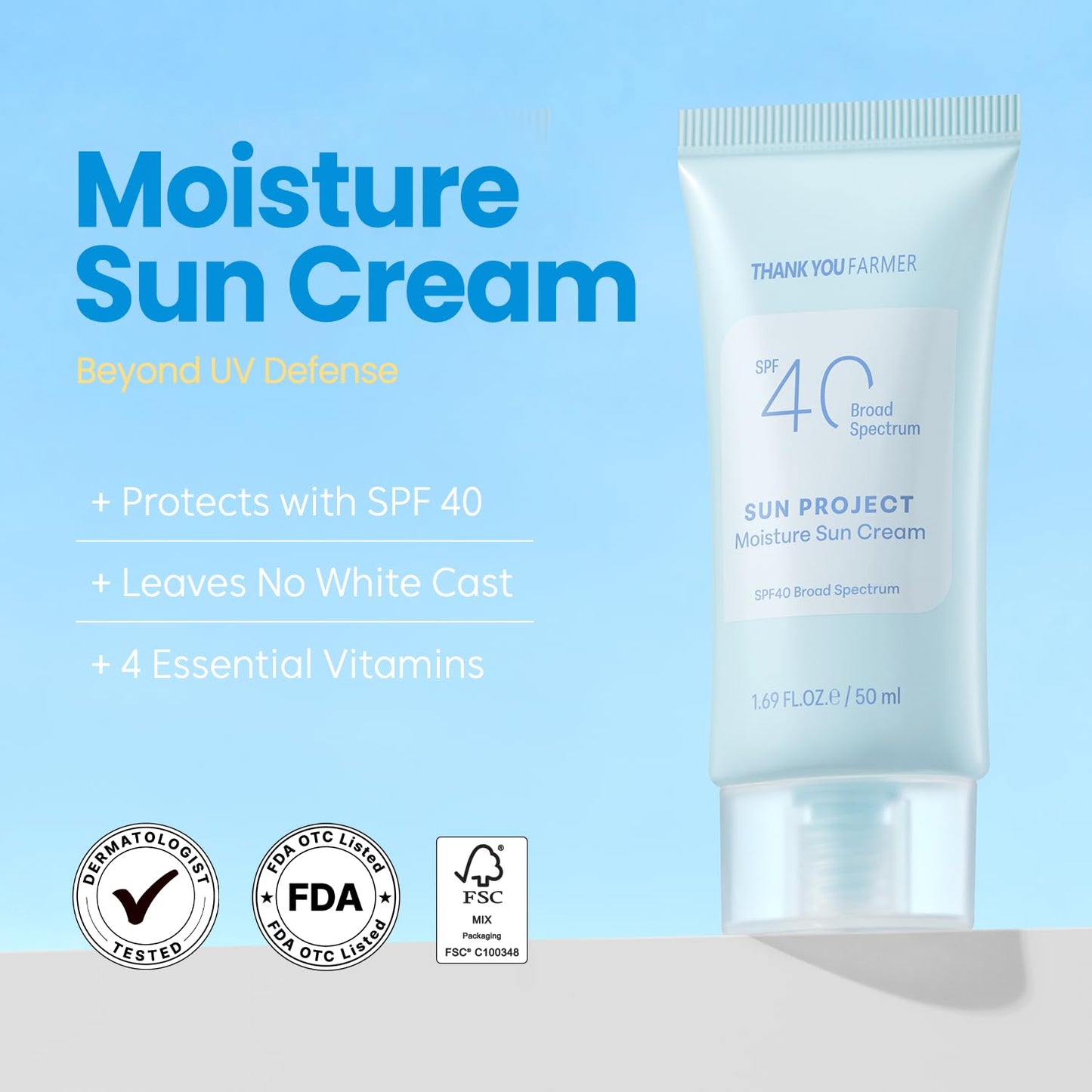 THANKYOU FARMER Sun Project Moisture Sun Cream SPF 40 - Korean Sunscreen with Panthenol - Fragrance Free, Broad Spectrum, Dermatologist Tested, Moisturizing, No White Cast 1.69 fl oz
