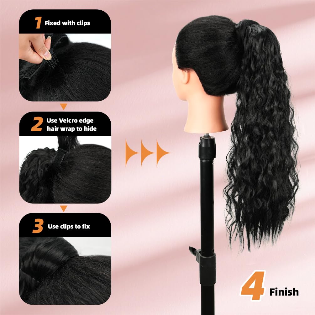 tonebesift Long Corn Wave Ponytail Extension 22inch Clip in Curly Wavy Pony Tail Wrap Around Hairpieces for Women(Black Brown #2)