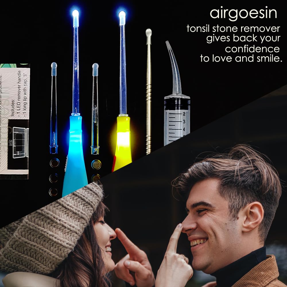 Airgoesin™ 6.75 inch Tonsil Stone Remover LED Tool Kit - 2 Sets, Oral Irrigation Syringe & Stainless Steel Pick, Tonsil Stone Removal Kit for Breath Freshening