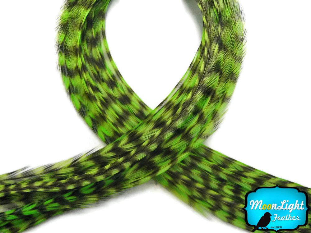 Hair Extension Feathers, Rooster Feathers - Lime Green Thin Long Grizzly Rooster Hair Extension Feather & Silicon Bead