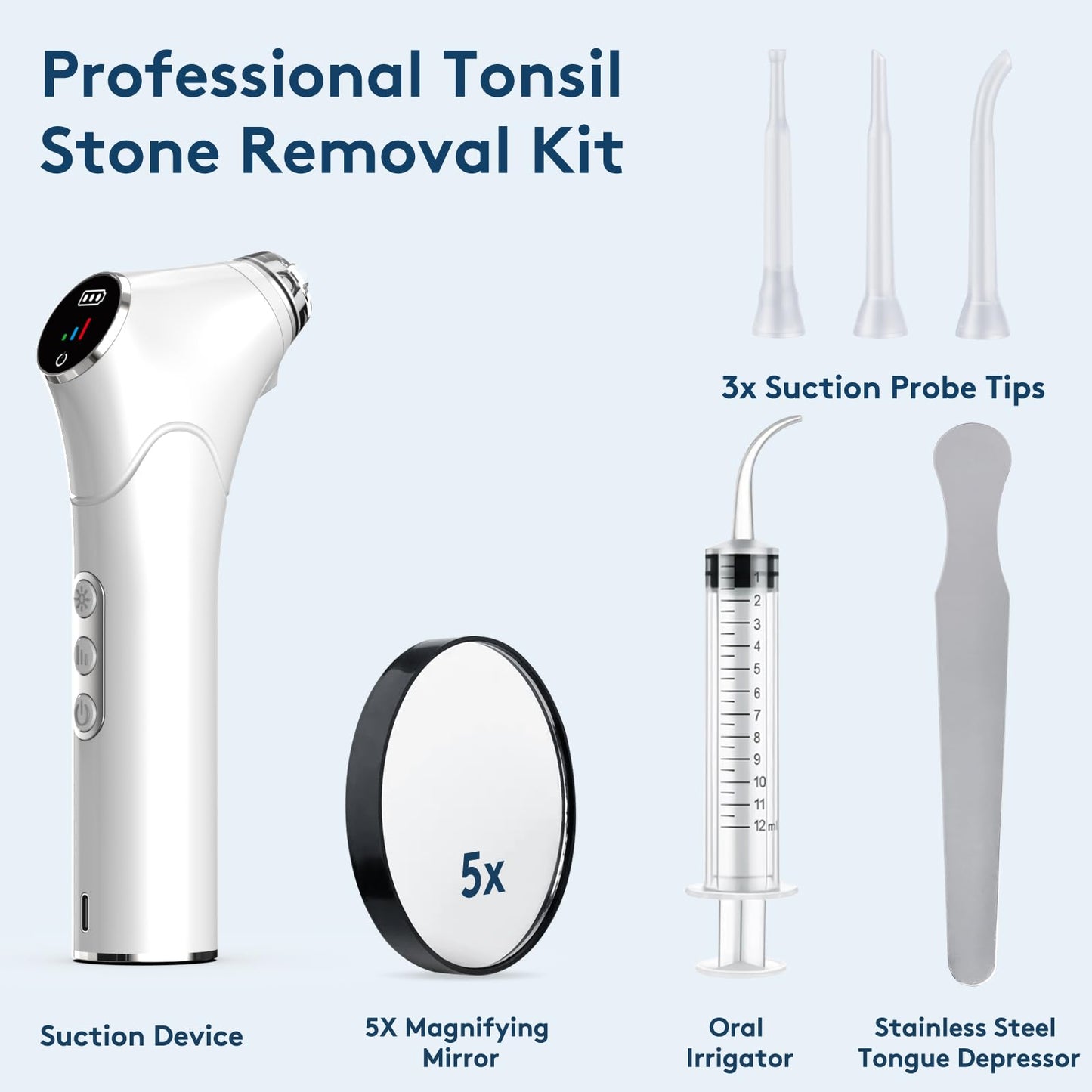 Tonsil Stone Remover Kit - Electronic Tonsil Stone Vacuum with Built-in LED Light - Tonsil Stone Removal Kit with 3 Levels Suction - Instant Suction - Irrigator and 5X Magnifying Mirror (White)