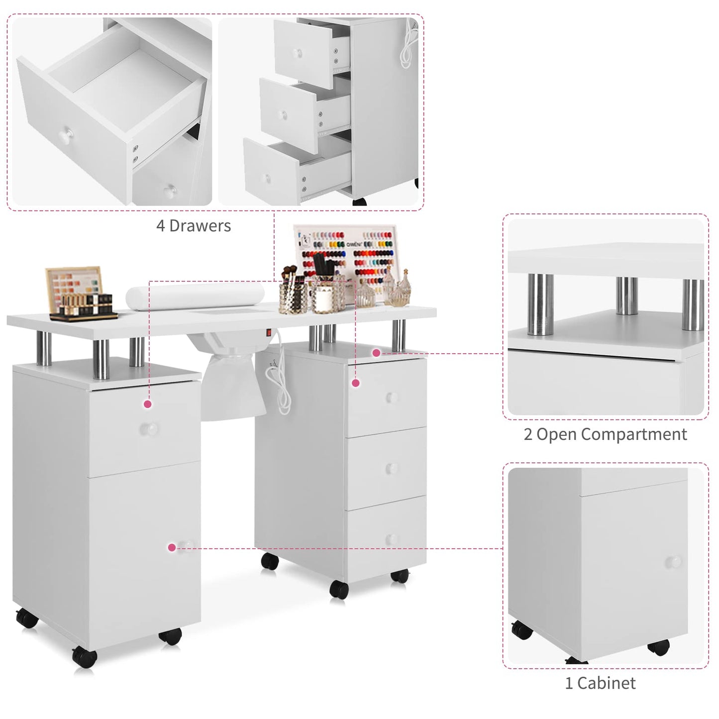 OmySalon Manicure Table Nail Desk for Nail Tech, Nail Table Beauty Salon Station w/Electric Dust Collector Acetone Resistant w/Lockable Wheel,Arm Rest