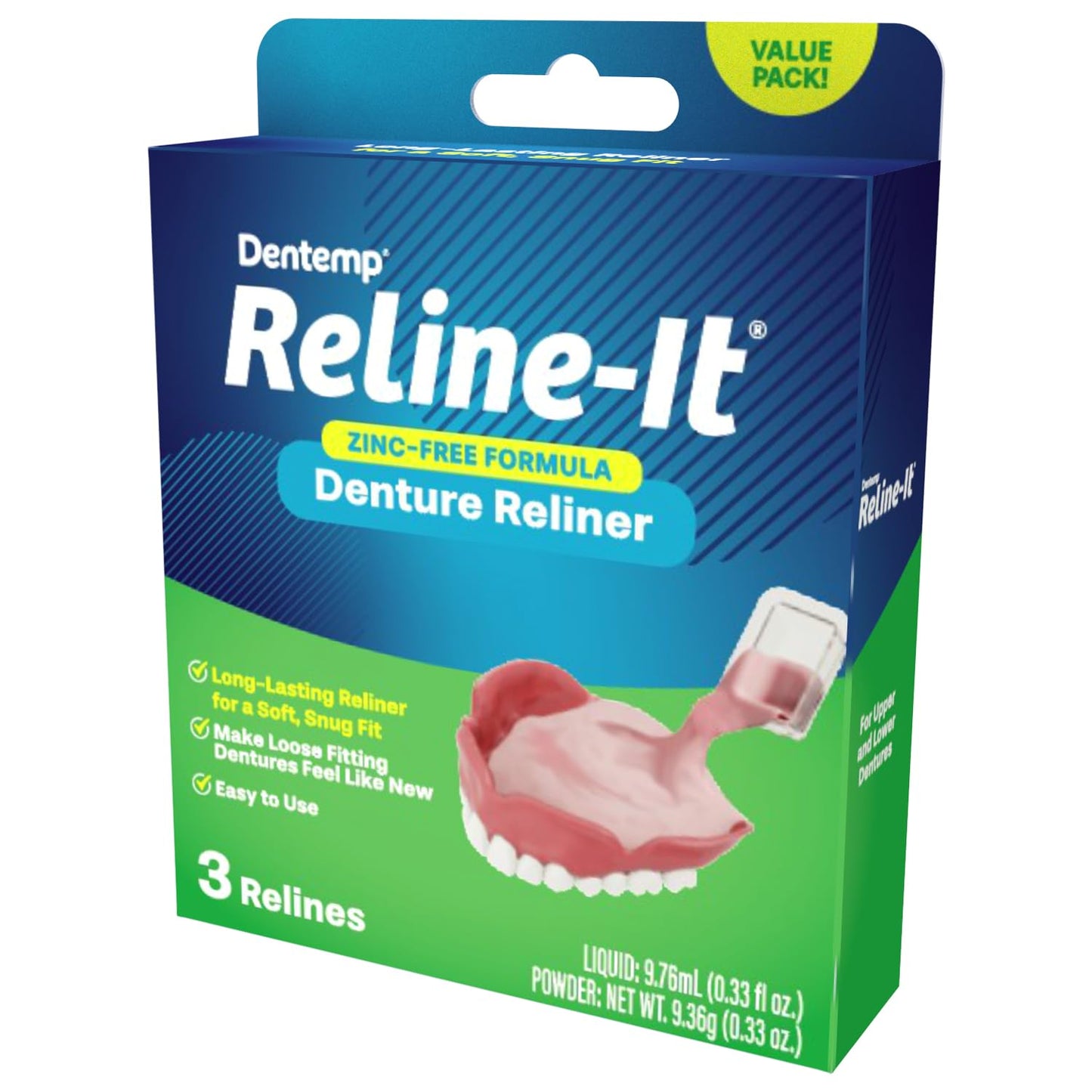 Dentemp Denture Reline Kit Value Pack - Advanced Formula Reline It Denture Reliner - Denture Kit to Refit and Tighten Dentures for Both Upper & Lower Denture (3 Relines)