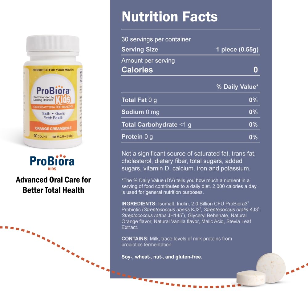 ProBiora Kids Oral-Care Chewable Probiotic Tablets | Probiotic Supplement Designed Specifically for Kids | Healthier Teeth & Gums | Fresher Breath | Whiter Teeth (30 Count, Orange)