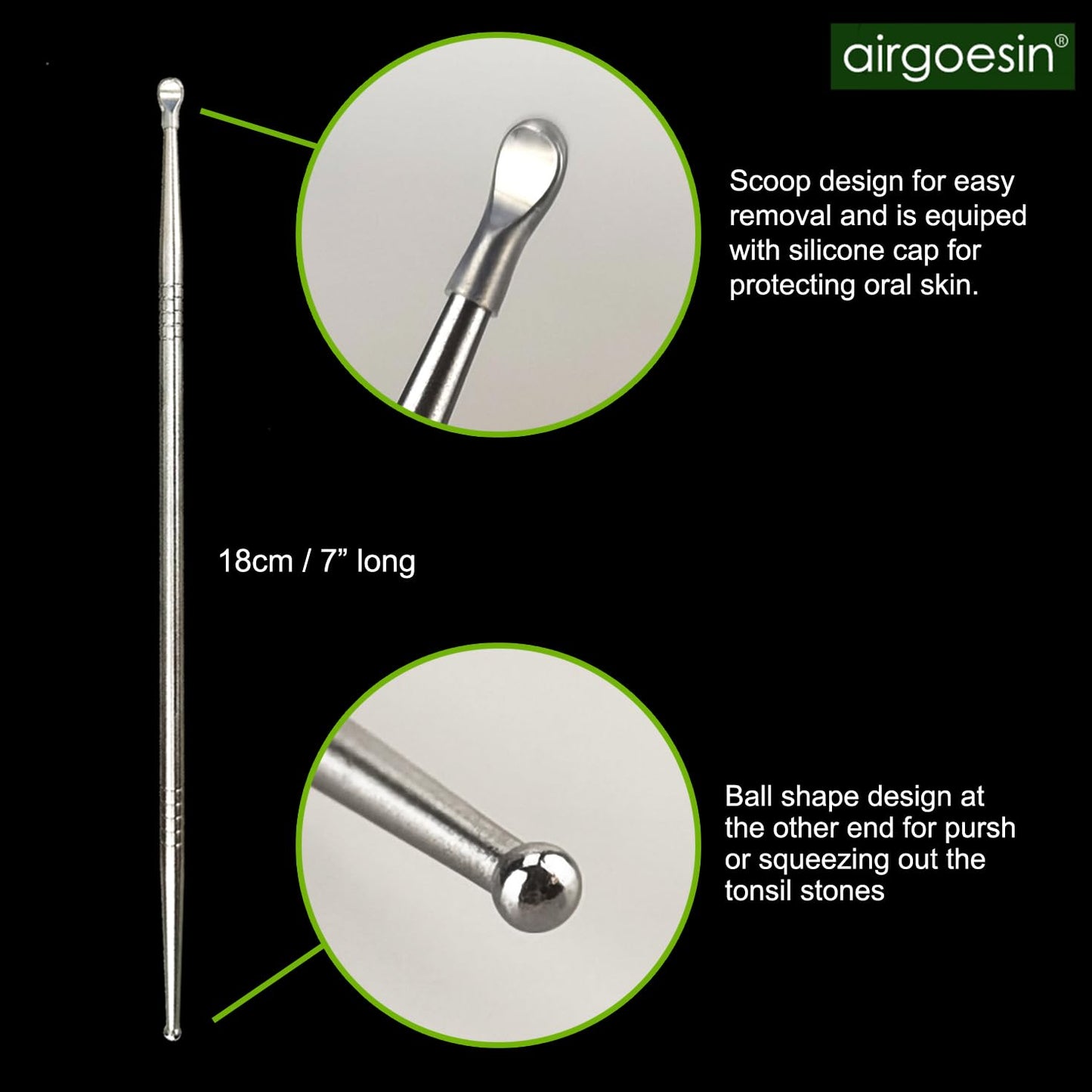 Airgoesin 3-In-1 Tonsil Stone Removal Remover Kit, Tonsil Stone Vacuum Suction Kit, Long Tonsil Stone Stainless Steel Pick 18cm/ 7” with Protection Cap, Curved Oral Irrigation Syringe 12ml with Scale
