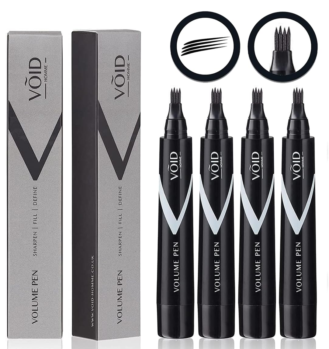 VOID Homme Beard Pen Filler for Men (Pack of 4) Instant Beard Pen & Filler Beard Pencil, Easy Beard Pen Liner, Beard Filler Pen for Beard Filling Pen Kit & Beard Marker, Waterproof Pen (Black)