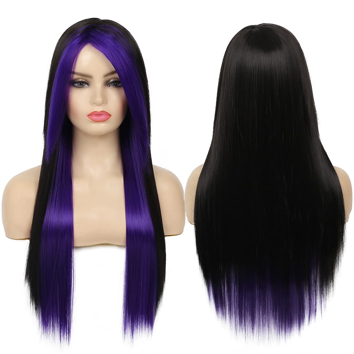 Silky Straight Long Red Black Wig with Side Bangs - Heat Resistant Synthetic Hair for Halloween